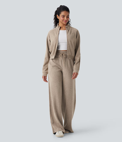 High Waisted Tummy Control Drawstring Wide Leg Color Block Casual Pants with Pockets