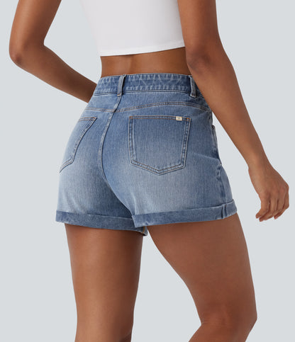 Mellomhøy midje med glidelåslommer og casual denimshorts 7,5 cm