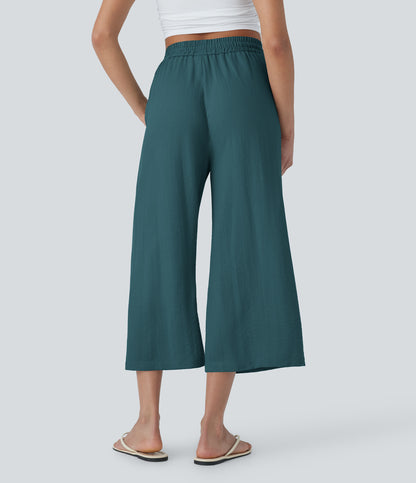 High Waisted Drawstring Wide Leg Cropped Casual Linen-Feel Pants with Pockets