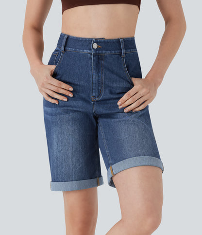 Lässige Bermuda-Shorts aus gewaschenem Denim mit hoch taillierten Taschen und gerolltem Saum