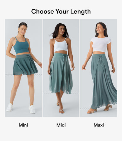 High Waisted Drawstring Contrast Mesh 2-in-1 Pocket Flowy Maxi Flare Casual Skirt