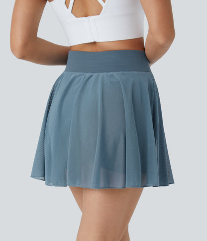 High Waisted Drawstring Contrast Mesh 2-in-1 Pocket Flowy Mini Flare Casual Skirt