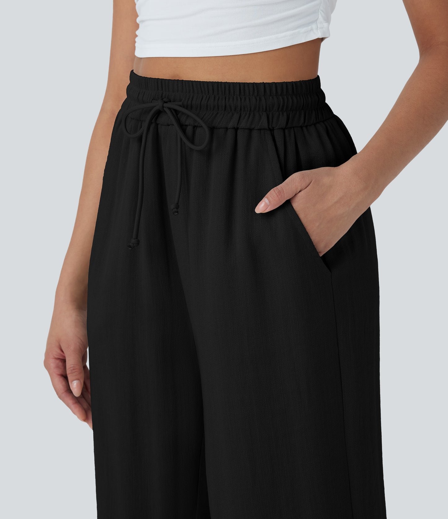 High Waisted Drawstring Wide Leg Cropped Casual Linen-Feel Pants with Pockets