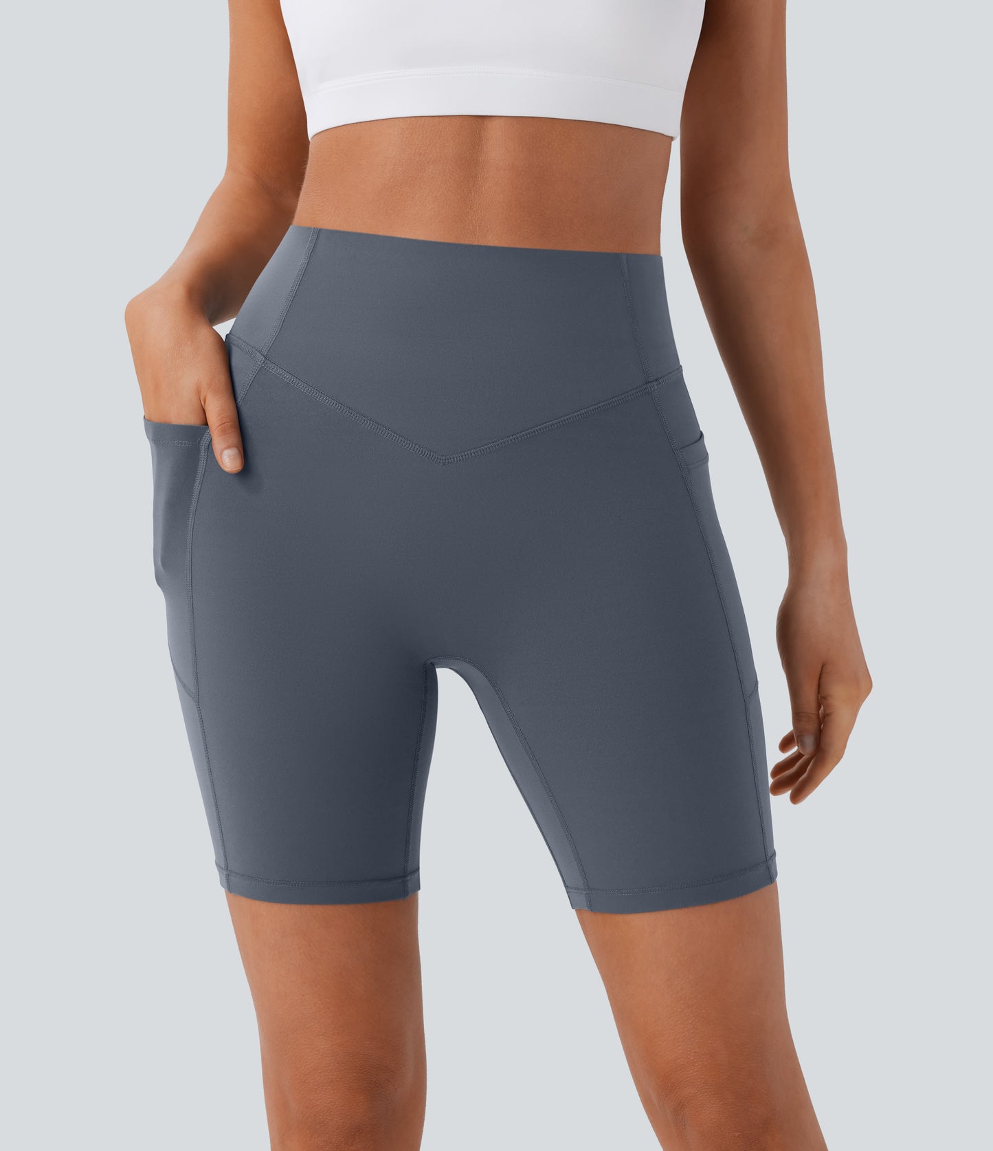 Høy midje, skrumpet rumpeløftende, magekontroll, formende treningsbiker-shorts med sidelommer, 18 cm