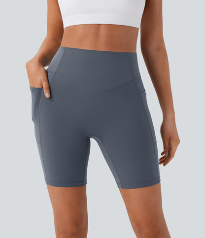 Høy midje, skrumpet rumpeløftende, magekontroll, formende treningsbiker-shorts med sidelommer, 18 cm