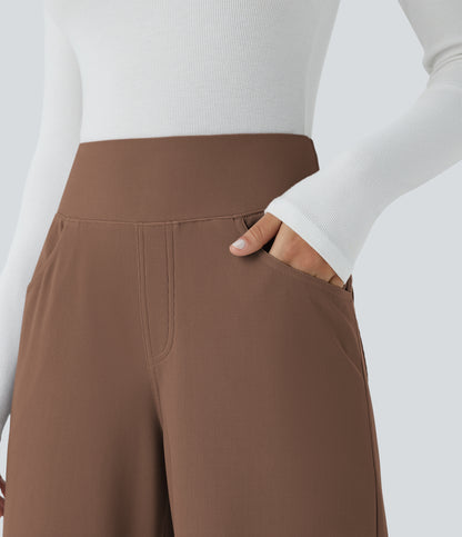 High Waisted Tummy Control Pockets Wide Leg Micro Waffle Work Pants