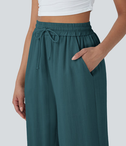 High Waisted Drawstring Wide Leg Cropped Casual Linen-Feel Pants with Pockets