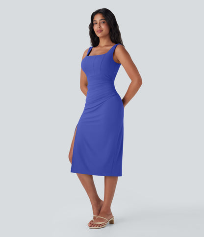 Square Neck Corset Ruched Bodycon Midi Cool Touch Dress-D/DD/DDD/F Cups