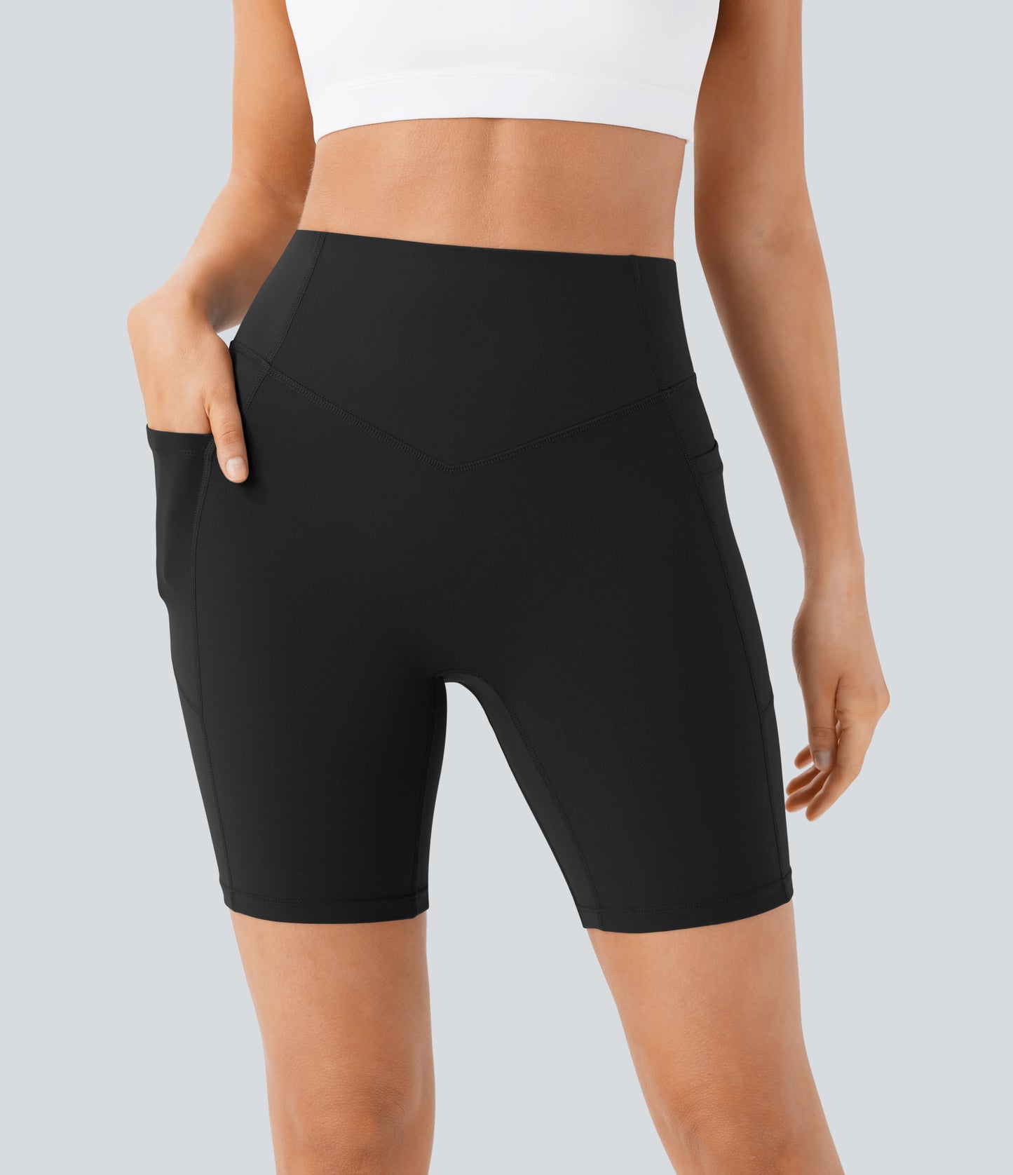 Høy midje, skrumpet rumpeløftende, magekontroll, formende treningsbiker-shorts med sidelommer, 18 cm