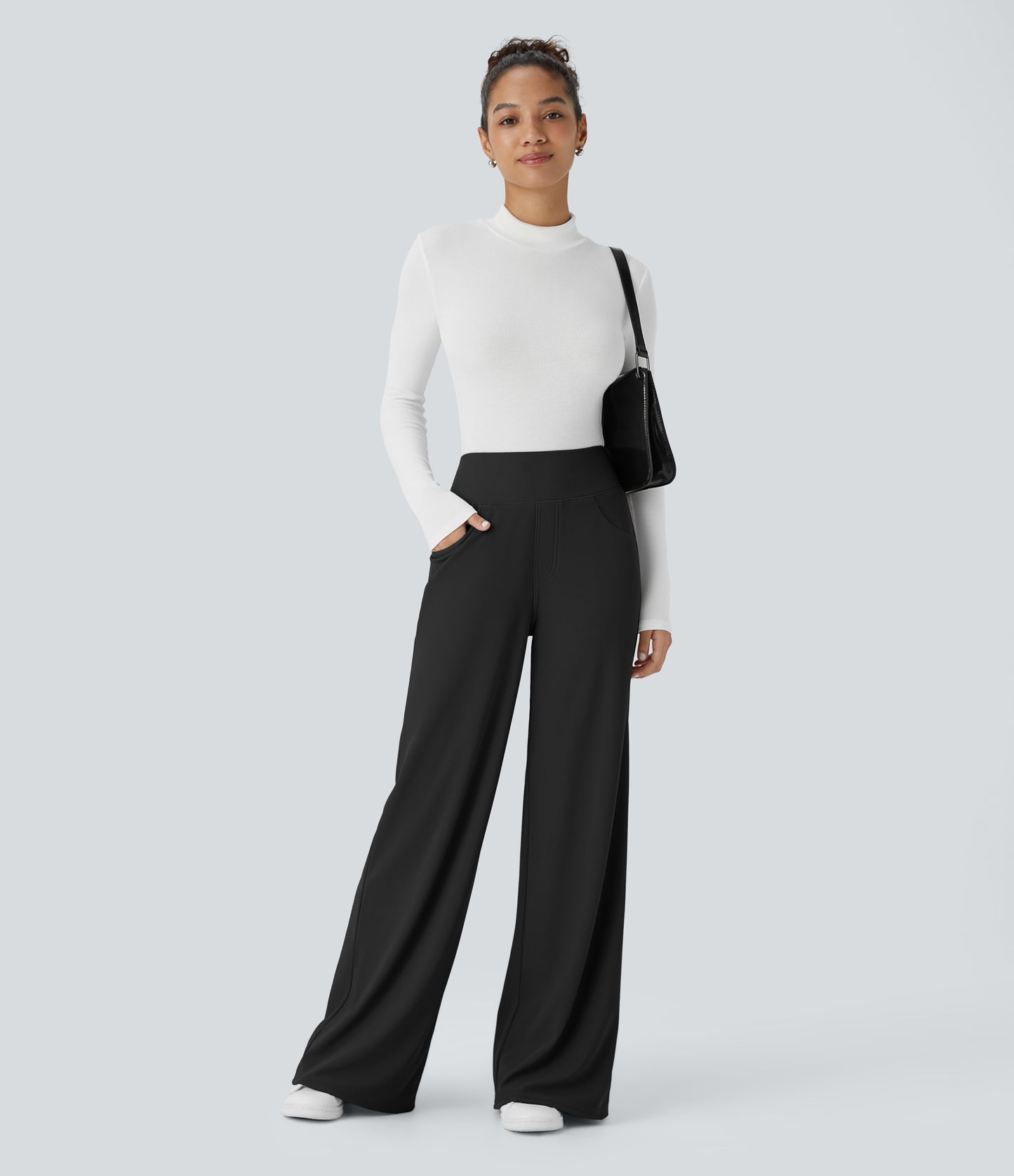 High Waisted Tummy Control Pockets Wide Leg Micro Waffle Work Pants