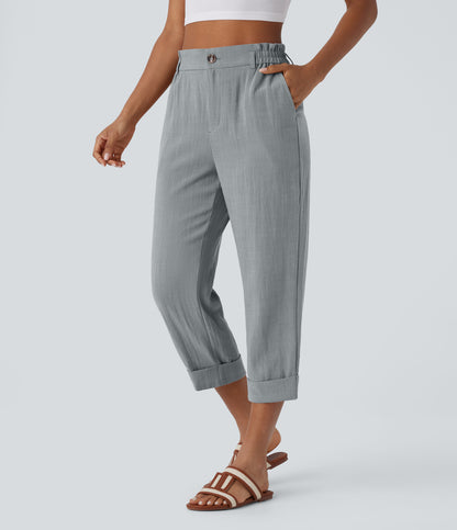 High Waisted Zipper Pocket Capri Linen-Feel Pants