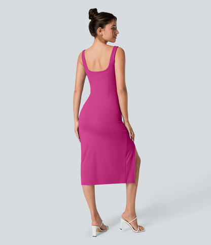 Square Neck Backless Corset Ruched Split Bodycon Midi Cool Touch Bridesmaid and Wedding Guest Dress