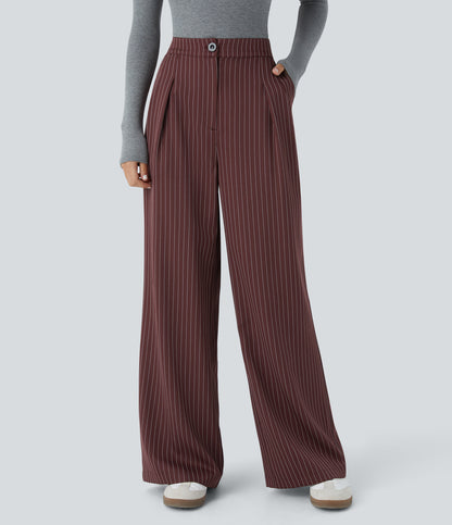 High Waisted Zipper Pocket Wide Leg Striped Work Pants