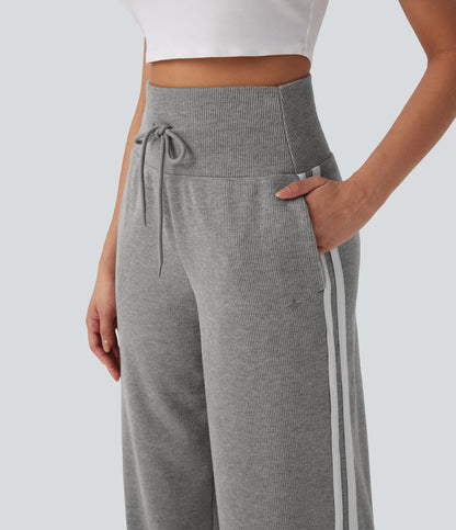 High Waisted Tummy Control Drawstring Wide Leg Color Block Casual Pants with Pockets