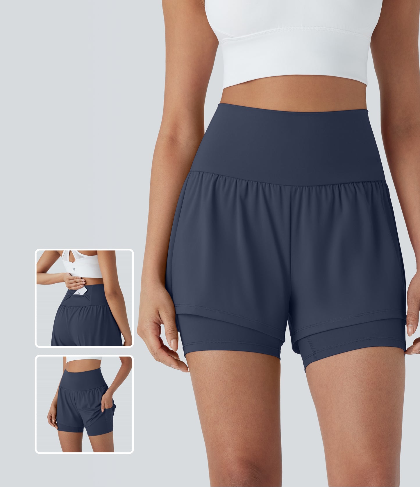 Luftige 2-i-1 yogashorts med superhøy midje og kul berøring, 13 cm og lommer