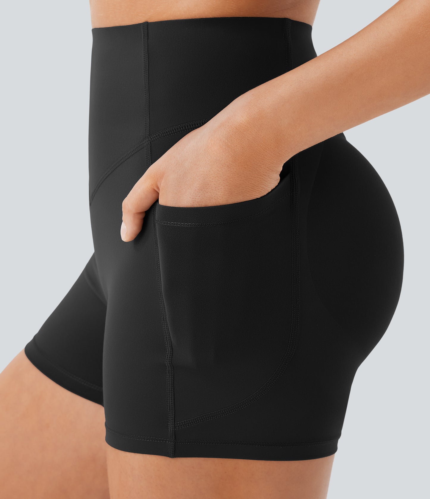 Høy midje, skrumpet rumpeløftende, magekontroll, lommeformende treningsbiker-shorts 7,5 cm