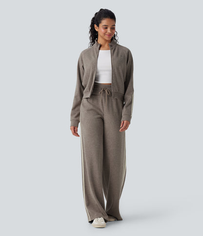 High Waisted Tummy Control Drawstring Wide Leg Color Block Casual Pants with Pockets