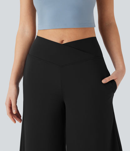 High Waisted Wide Leg Cool Touch Yoga Pedal Pusher Pants with Pockets