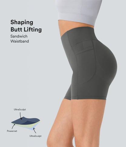 Høy midje, skrumpet rumpeløftende, magekontroll, formende sidelommer, treningsbiker-shorts 12,5 cm
