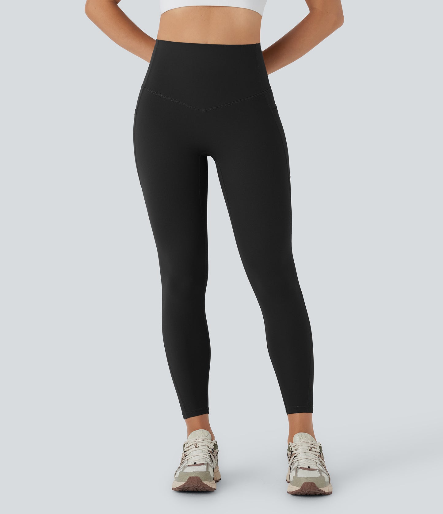 Hoch taillierte, bauchkontrollierende, integrierte Unterwäsche, antibakterielle, formende 7/8-Workout-Leggings mit Taschen