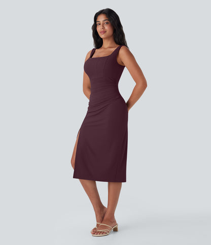 Square Neck Corset Ruched Bodycon Midi Cool Touch Dress-D/DD/DDD/F Cups