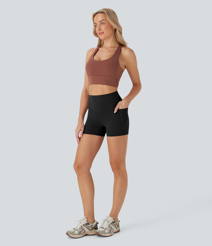 Hoch taillierte, bauchkontrollierende, formende Trainings-Bikershorts mit Tasche, 3 Zoll