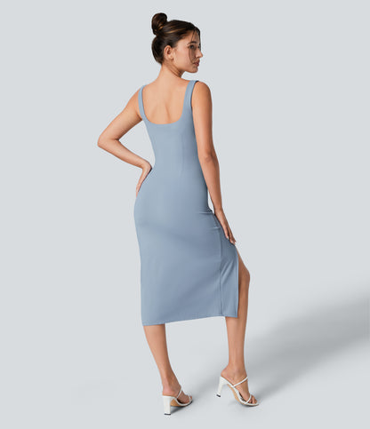 Square Neck Backless Corset Ruched Split Bodycon Midi Cool Touch Bridesmaid and Wedding Guest Dress