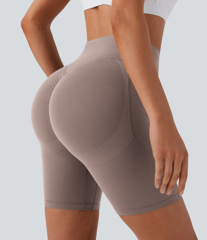 Høy midje, skrumpet rumpeløftende, magekontroll, formende treningsbiker-shorts med sidelommer, 18 cm