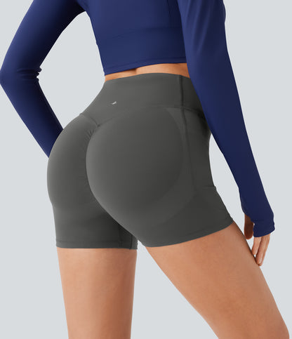 Høy midje, skrumpet rumpeløftende, magekontroll, lommeformende treningsbiker-shorts 7,5 cm