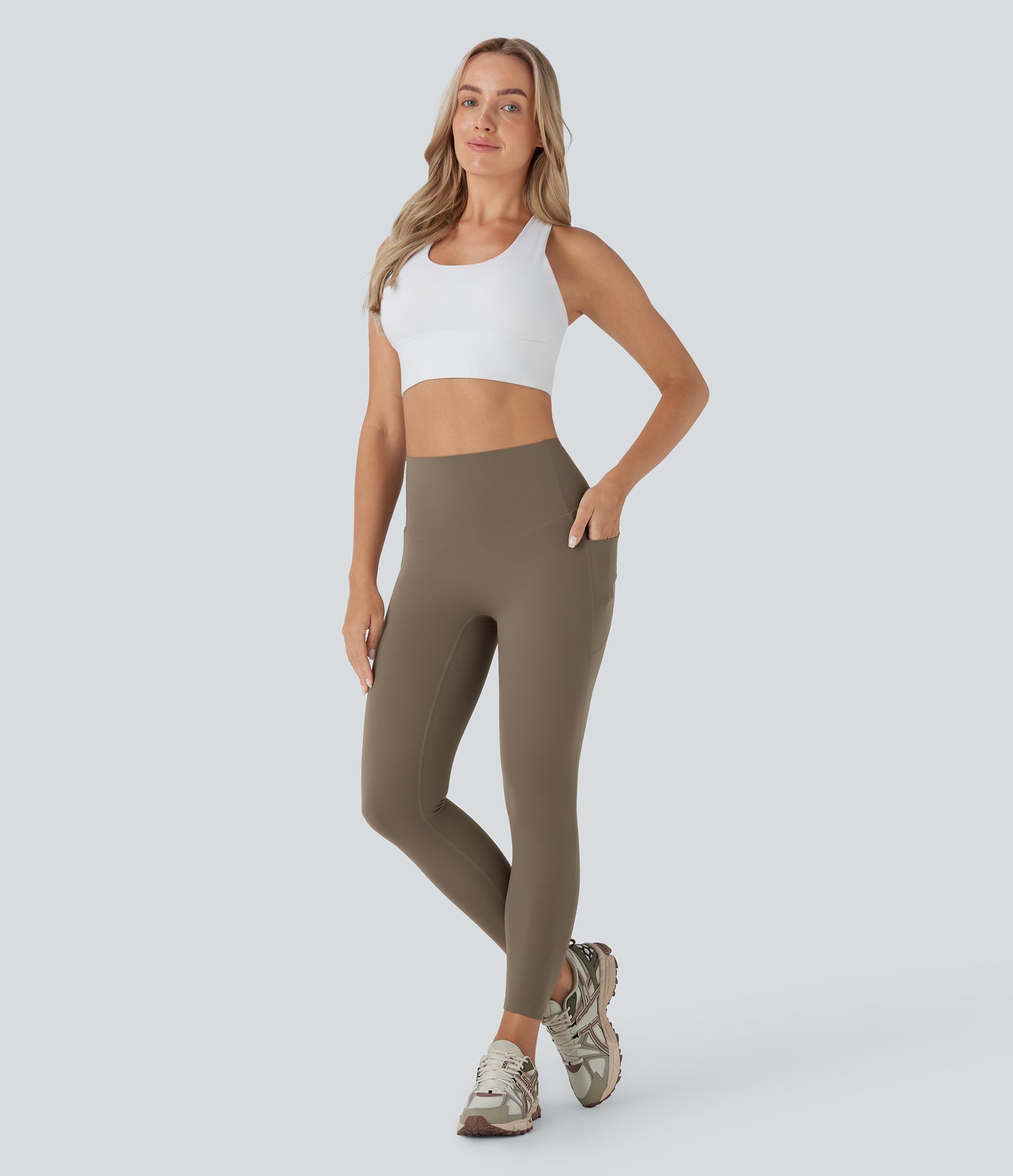 Hoch taillierte, bauchkontrollierende, integrierte Unterwäsche, antibakterielle, formende 7/8-Workout-Leggings mit Taschen