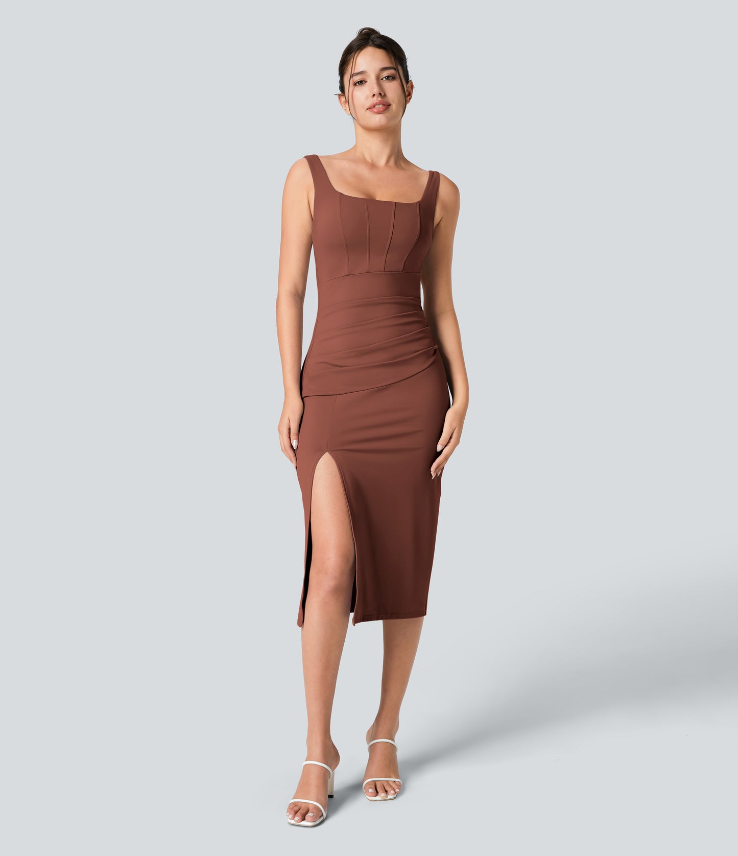 Square Neck Backless Corset Ruched Split Bodycon Midi Cool Touch Bridesmaid and Wedding Guest Dress