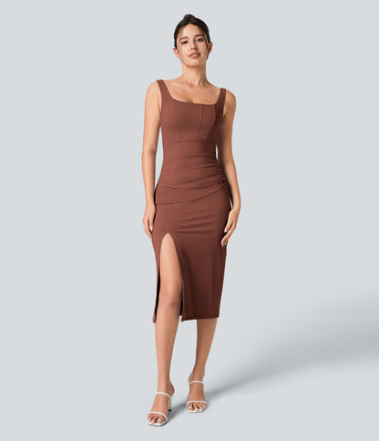 Square Neck Backless Corset Ruched Split Bodycon Midi Cool Touch Bridesmaid and Wedding Guest Dress