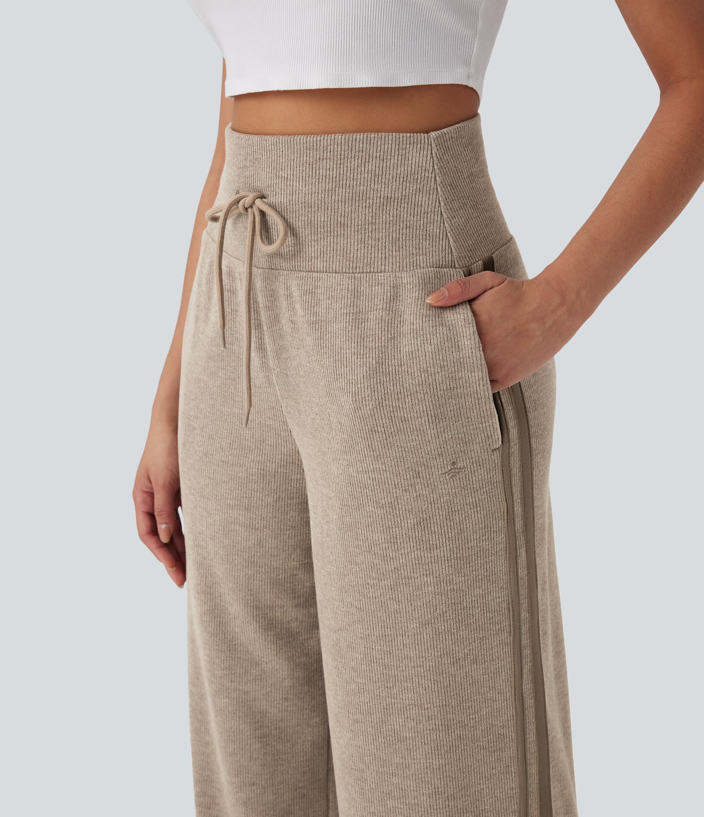 High Waisted Tummy Control Drawstring Wide Leg Color Block Casual Pants with Pockets