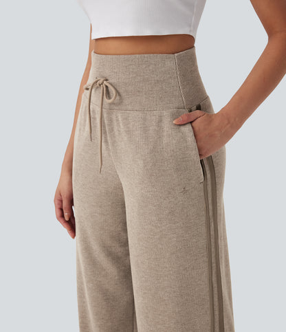 High Waisted Tummy Control Drawstring Wide Leg Color Block Casual Pants with Pockets