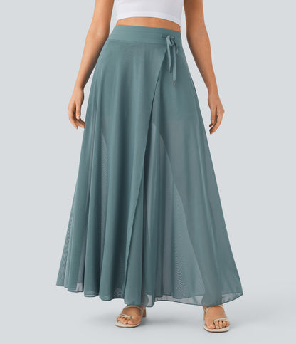 High Waisted Drawstring Contrast Mesh 2-in-1 Pocket Flowy Maxi Flare Casual Skirt