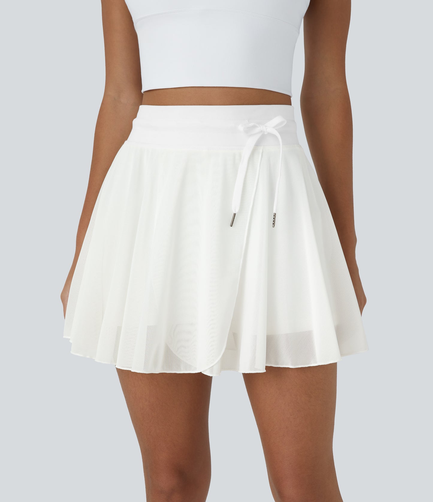 High Waisted Drawstring Contrast Mesh 2-in-1 Pocket Flowy Mini Flare Casual Skirt