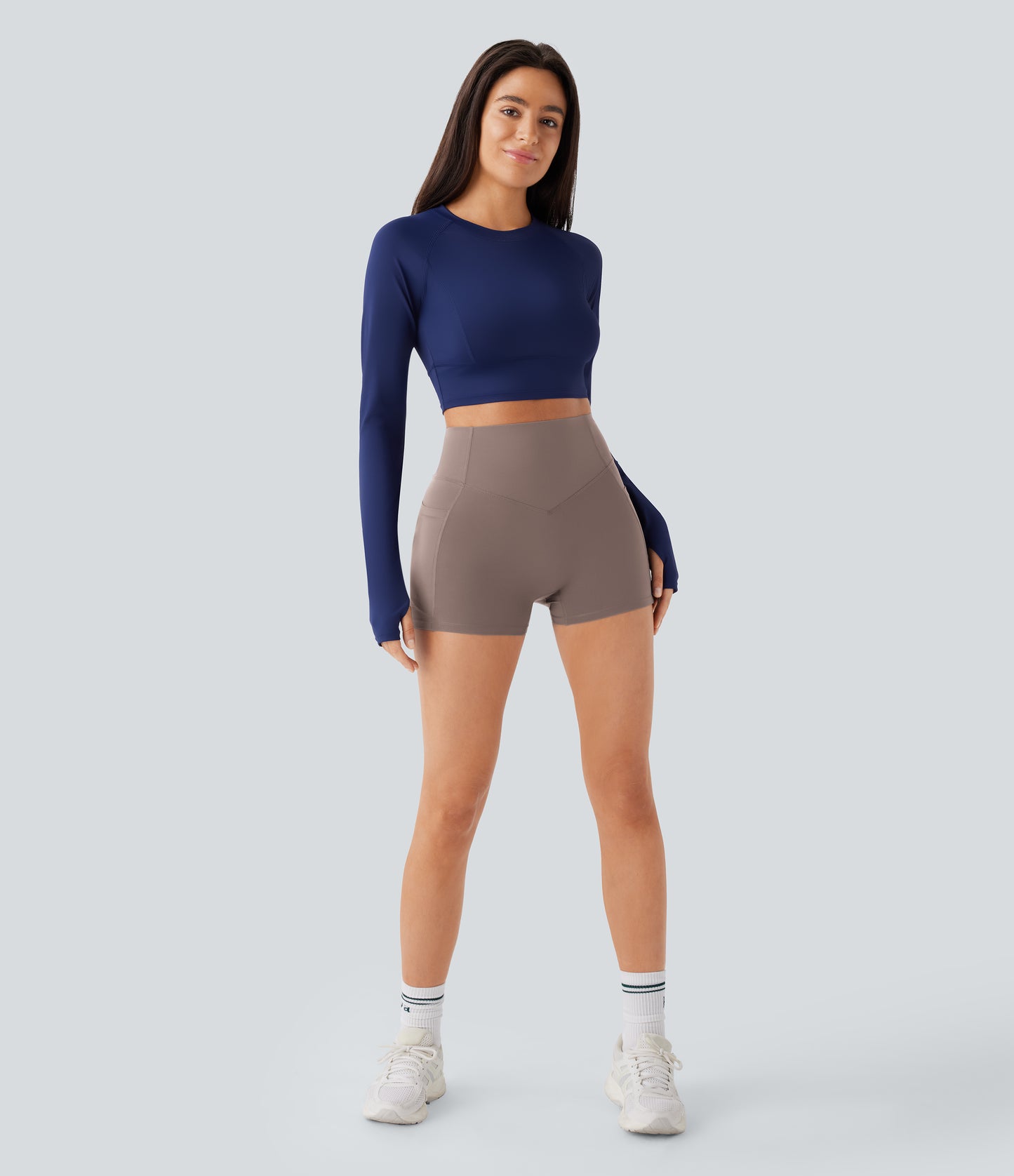 Høy midje, skrumpet rumpeløftende, magekontroll, lommeformende treningsbiker-shorts 7,5 cm