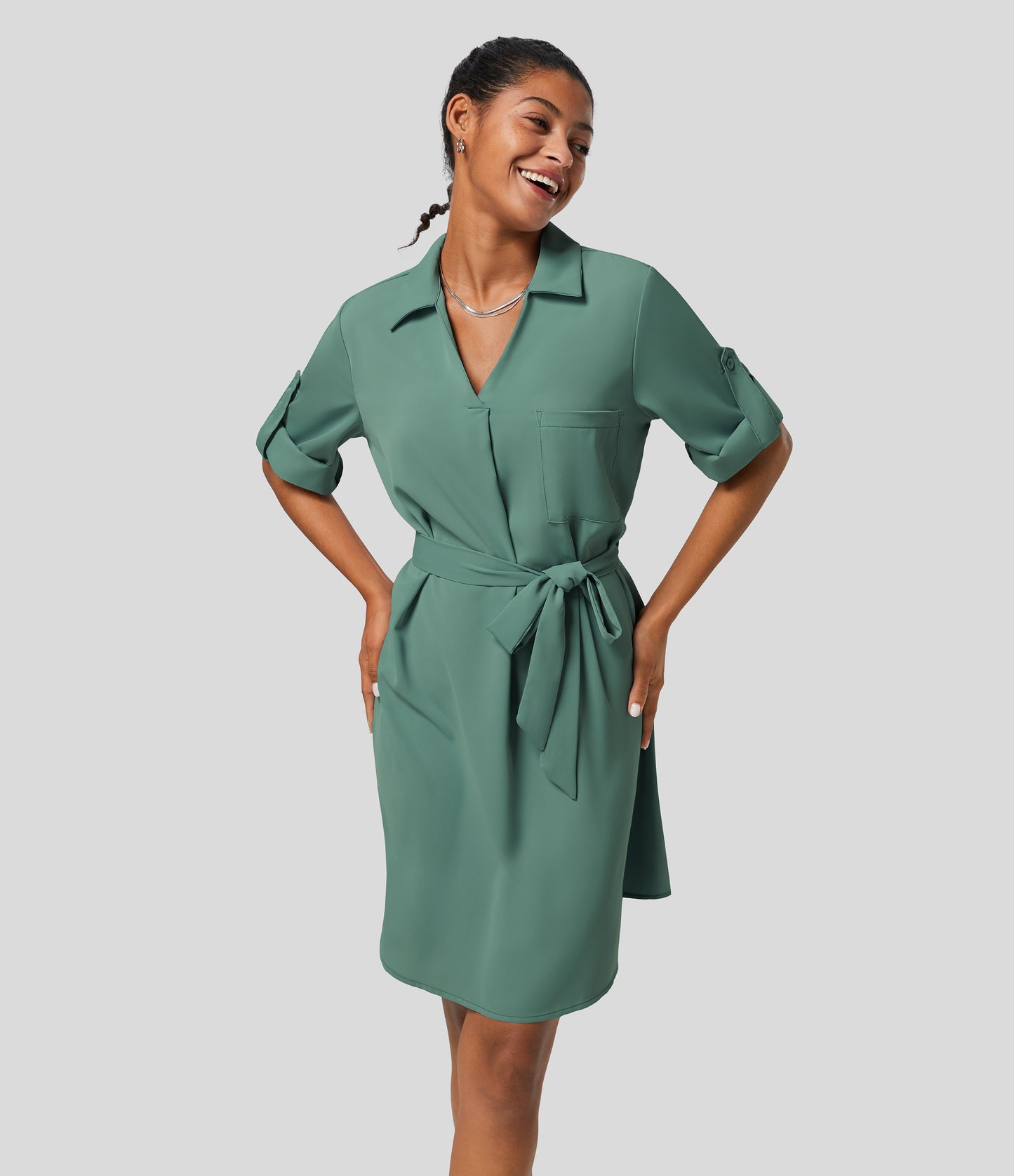 Roll Up Sleeve Belted Relaxed Work Shirt Dress