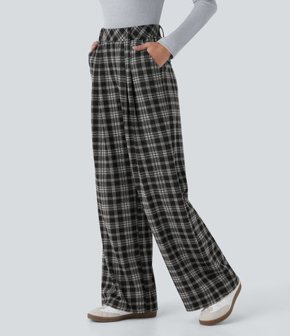 High Waisted Pocket Wide Leg Houndstooth Plaid Casual Pants