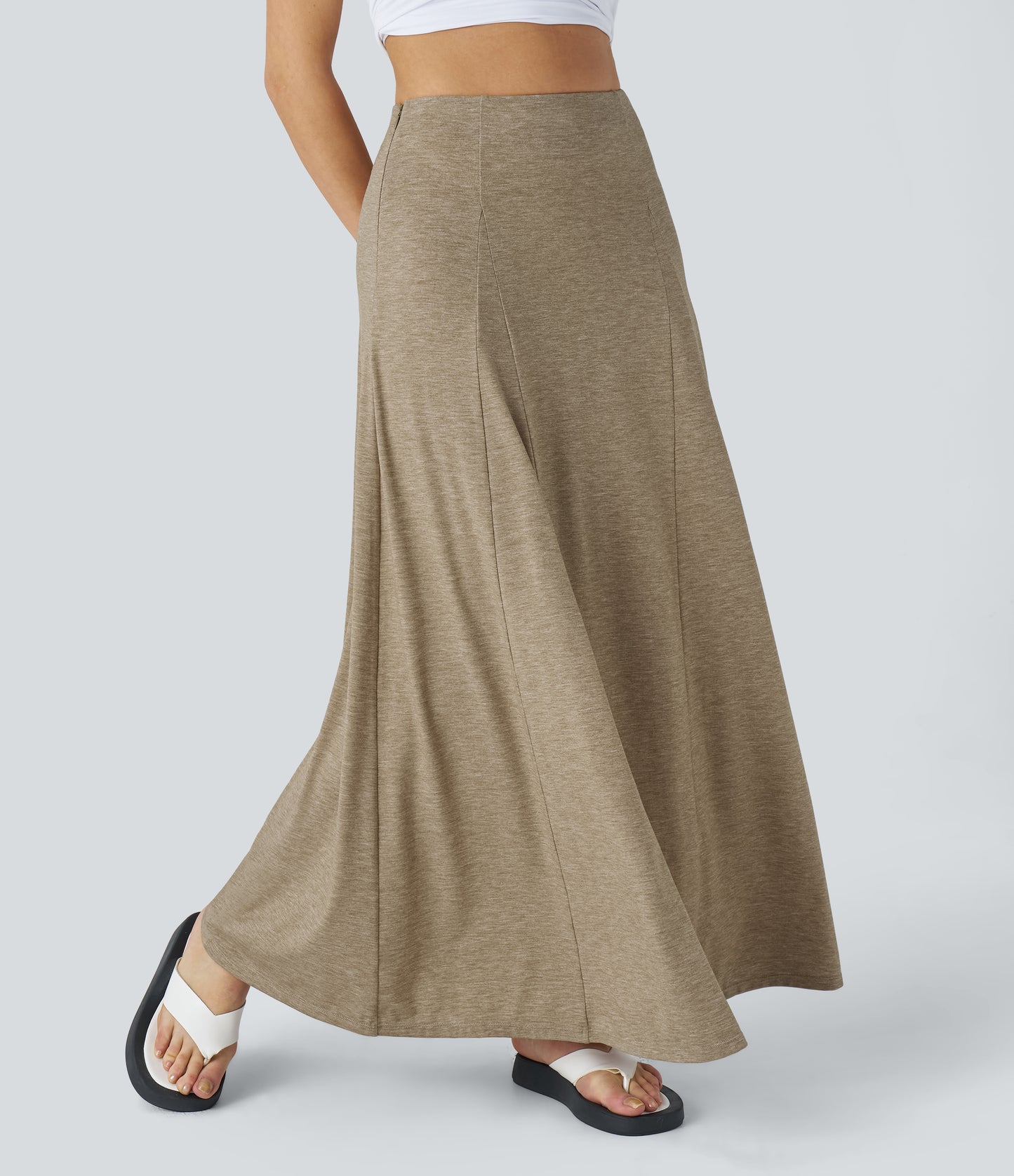 High Waisted Side Zipper Maxi Casual Flare Skirt