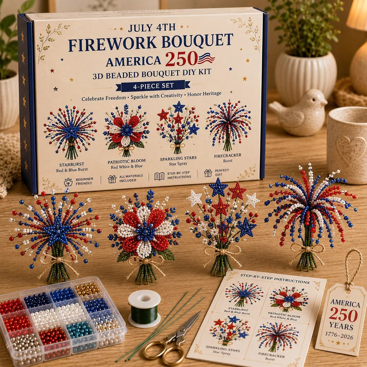🔥LAST DAY 70% OFF-America 250 Beaded Bouquet DIY Kit – Limited Edition Patriotic Craft Collection