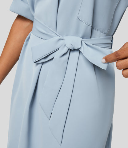 Roll Up Sleeve Belted Relaxed Work Shirt Dress