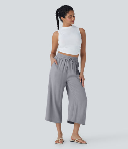 High Waisted Drawstring Wide Leg Cropped Casual Linen-Feel Pants with Pockets