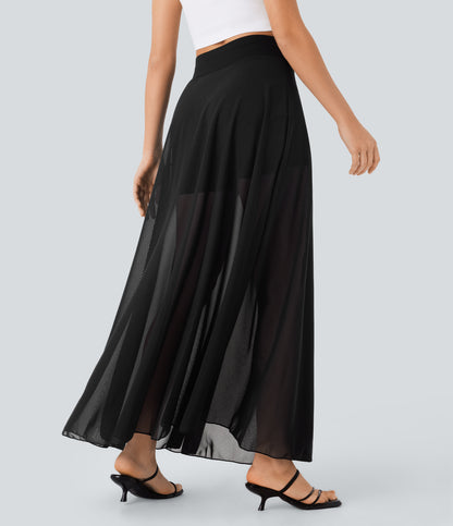 High Waisted Drawstring Contrast Mesh 2-in-1 Pocket Flowy Maxi Flare Casual Skirt
