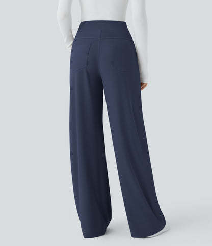 High Waisted Tummy Control Pockets Wide Leg Micro Waffle Work Pants