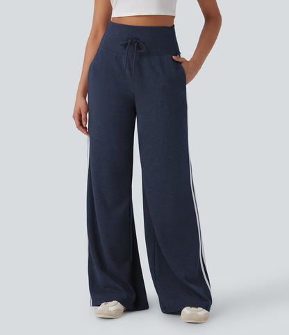 High Waisted Tummy Control Drawstring Wide Leg Color Block Casual Pants with Pockets