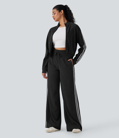 High Waisted Tummy Control Drawstring Wide Leg Color Block Casual Pants with Pockets