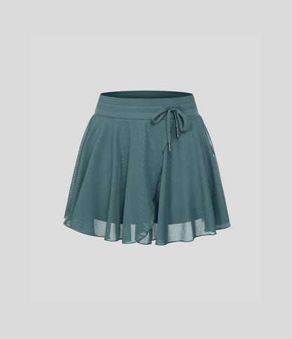 High Waisted Drawstring Contrast Mesh 2-in-1 Pocket Flowy Mini Flare Casual Skirt
