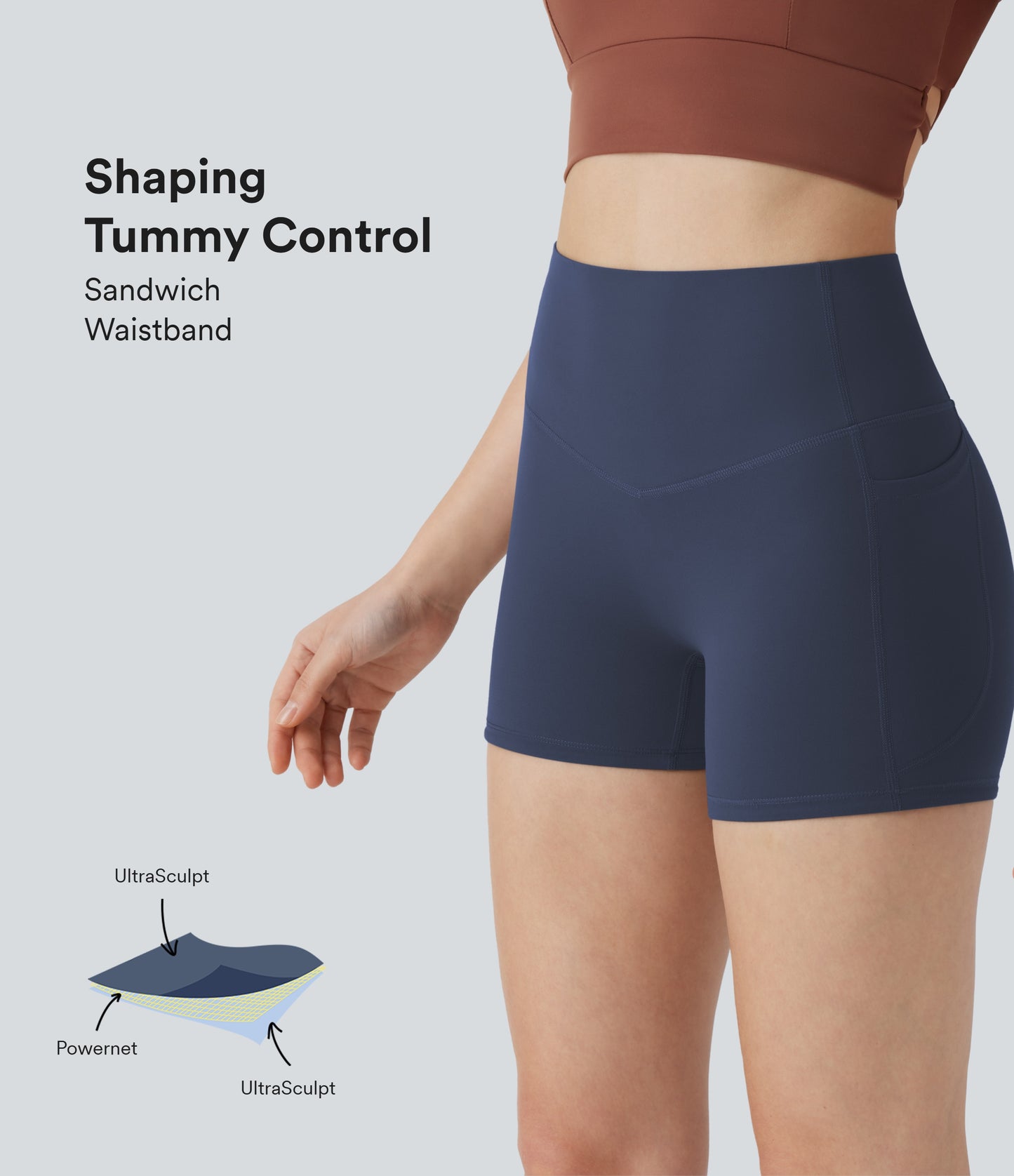 Hoch taillierte, bauchkontrollierende, formende Trainings-Bikershorts mit Tasche, 3 Zoll