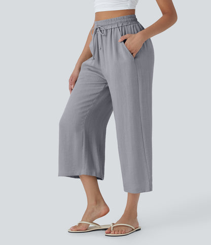 High Waisted Drawstring Wide Leg Cropped Casual Linen-Feel Pants with Pockets